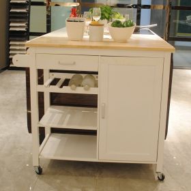 Kitchen Island Cart with drawers, cabinets, wine racks, partitions, towel racks, White-Beech
